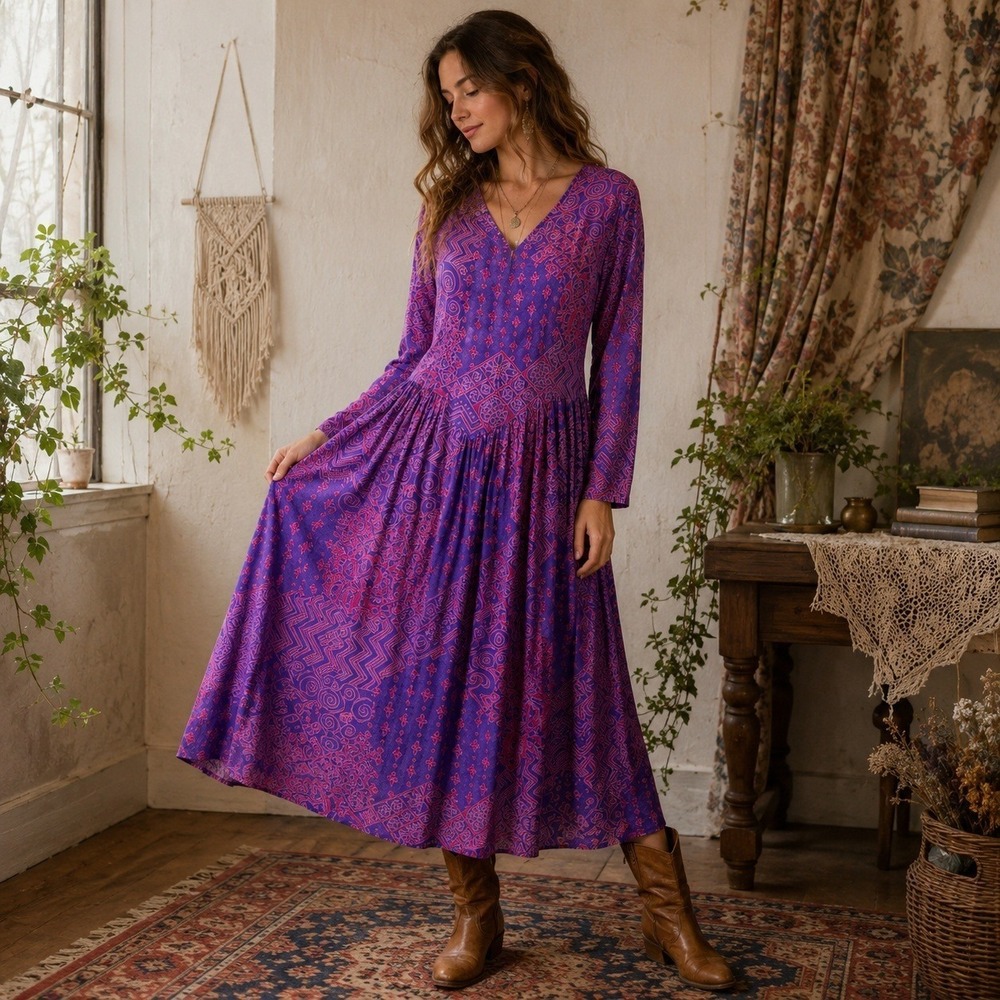 Vintage Adini Dress Womens M‎ Sheer Boho Prairie Cottagecore Purple